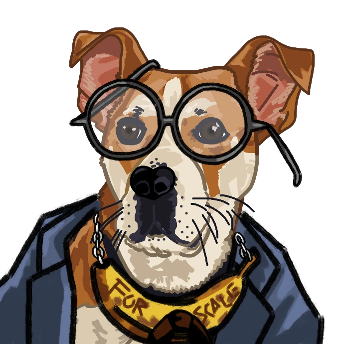 A semi-realistic illustration of a brown and white dog with big brown eyes, whiskers coming from the fleshy parts of his sturdy snout, sharp cheekbones, and floppy ears. His outlines are semi-thick and colored. In a paintbrushed textured second style with black outlines, he’s wearing circular gray glasses that are too big for him with both arms bent out of place. He’s wearing a human’s blue-gray suit jacket, there’s a very ripe banana chained around his neck and lining up with his cheekbones with the words “FOR SCALE” handwritten on it. There’s a tiny brown bowtie attached to the banana.