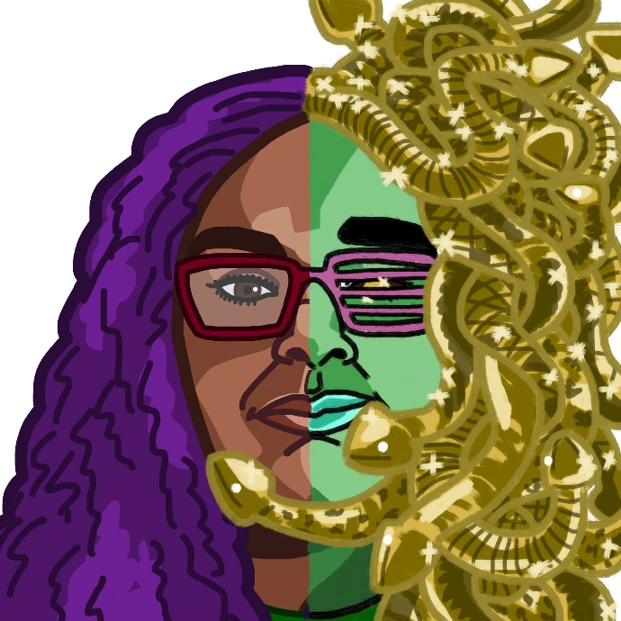 An illustration of a young person split into two styles down the middle. On the left, a semi-realistic rendering of a light-skinned black person’s face with red glasses, a neutral expression, and long curly purple hair with thick colored outlines. On the right, a fantastical paintbrush textured illustration with black outlines of the face smiling with green skin, pink window-shade glasses over a gold sparkly iris with solid brown sclera. Instead of hair, this half of the illustration depicts a Medusa-like head of snakes made of solid gold.