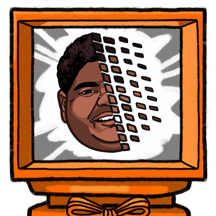 A semi-realistic illustration of a dark-skinned Black man’s face in a paintbrushed boxy computer. His face is only depicted in full on the left-hand side. His face is full and smiling. His hair is dark brown, short and densely coiled. His outlines are thick and colored, and his face is tilted to one side. The right-hand side is breaking apart into textured squares to resemble the old Windows logo, but in shades of brown and white with black outlines. Behind him is a gray and white splotch background. The computer is orange with its cord tied into a bowtie.