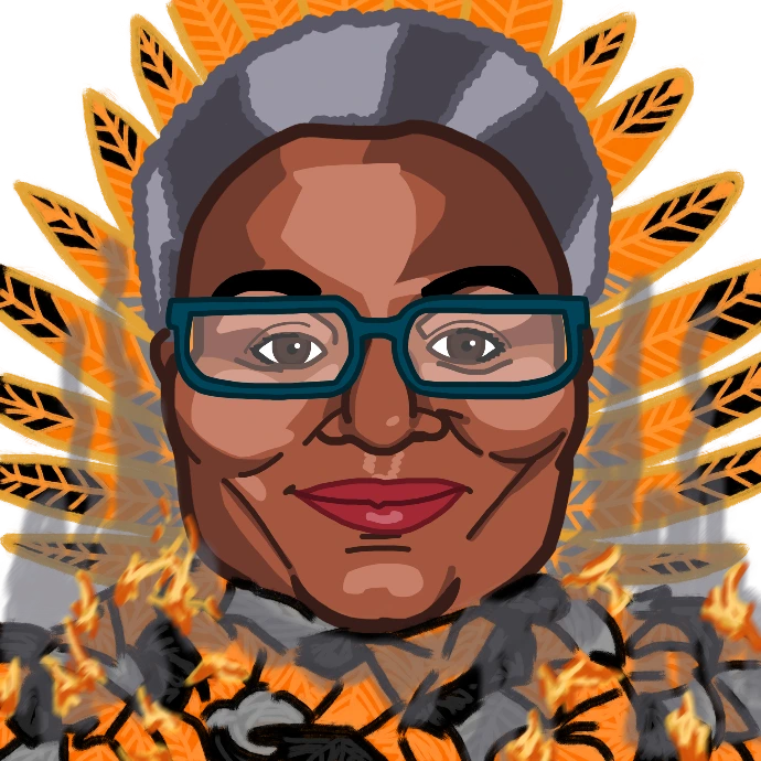 An illustration of a middle-aged dark-skinned black woman. The woman is rendered semi-realistically. She has a square head, full cheeks, a smile with red lipstick, blue glasses, and short densely coiled gray hair in light and dark segments, her outlines are thick and colored. In a fantastical paintbrush texture with black outlines is an orange, gray, and black feather boa coverage around her neck, portions of which are in flames with transparent dark smoke framing her face. Behind her, a fan of colored tail feathers in the same colors and style as her boa but outlined with gold.